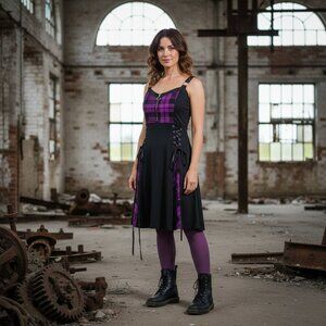 Rosegal Plus Size 1x  Dress Grunge Biker Plaid Lacing A-line